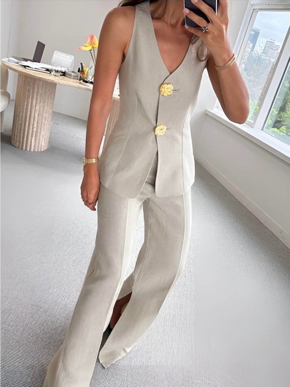Commense  Sleeveless V-Neck Vest with Boot-Cut Trousers